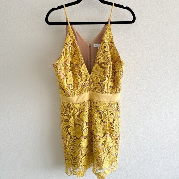 Dress the Population Ava Yellow Lace Mini Dress Large V-Neck Sleeveless Lined - Picture 2 of 15